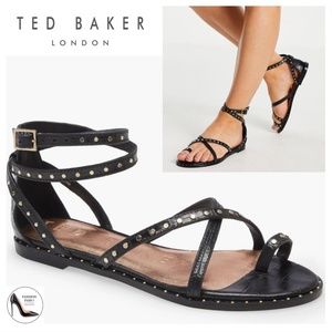 Ted Baker Mathar Black Croc Leather Ankle Strap Studded Gladiator Sandals 37 6.5